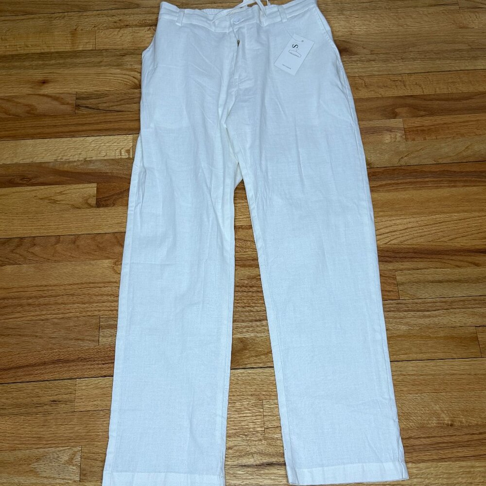 Delacarino Men Small S Drawstring Elastic Waist Flax Cotton Linen Relaxed Pants